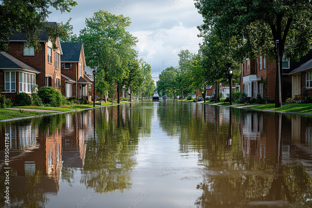 Flooded street in Detroit suburbs after heavy rain. Flooded street in Detroit suburbs after heavy rain.