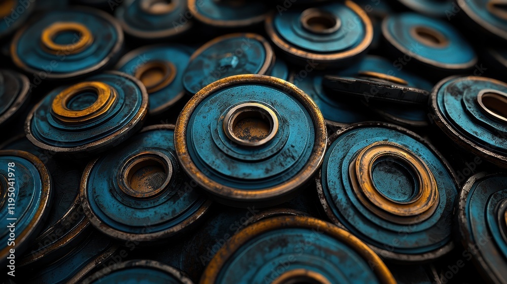 A close-up view of numerous metallic washers, featuring a blue patina and circular shape, showcasing texture and depth in a clustered arrangement. A close-up view of numerous metallic washers, featuring a blue patina and circular shape, showcasing texture and depth in a clustered arrangement.