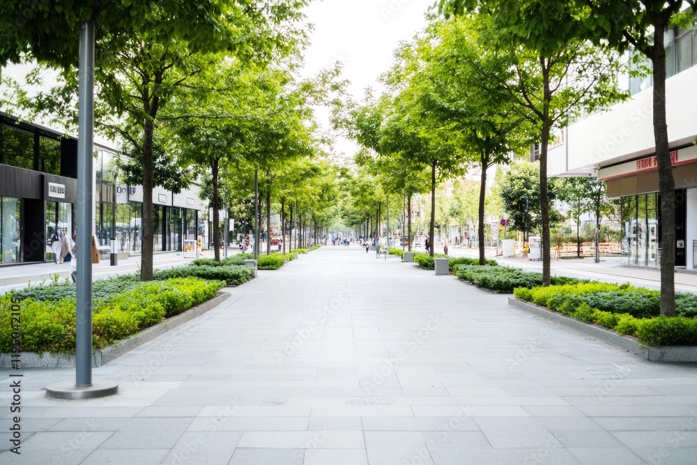 Inviting urban street with lush greenery, modern architecture, a