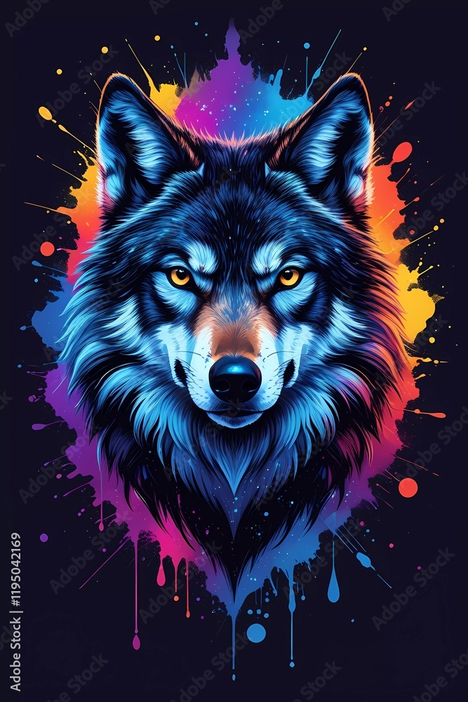 Fototapeta Vibrant artistic representation of a wolf against a colorful abstract background highlighting its fierce and majestic nature