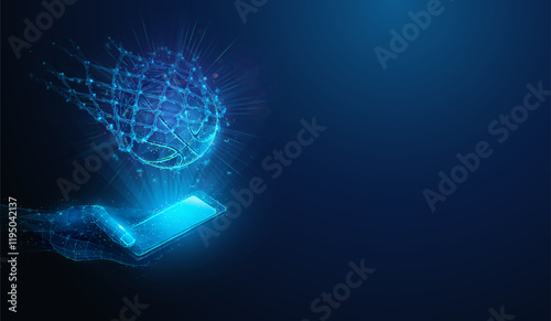 Abstract illustration of low poly basketball falling into the net and score points over smartphone in hand. Blue geometric background depicting online sports betting concept by wireframe mesh