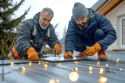 Two men working on the roof, one man is wearing winter gear and gloves while another wears dark blue workwear with orange boots photo