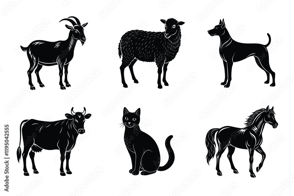 Fototapeta premium Animal silhouettes set. Domestic animals vector illustration