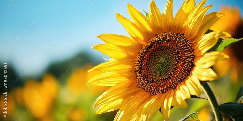 Obraz premium Vibrant sunflower in full bloom against a clear blue sky with green leaves in the foreground and a soft-focus field of sunflowers behind.