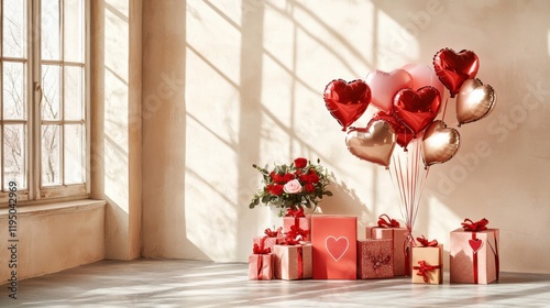 Romantic Valentine's Day Gift Setup: A collection of beautifully wrapped gifts, adorned with heart-shaped balloons and a bouquet of red roses, creates a romantic ambiance in a sunlit room.