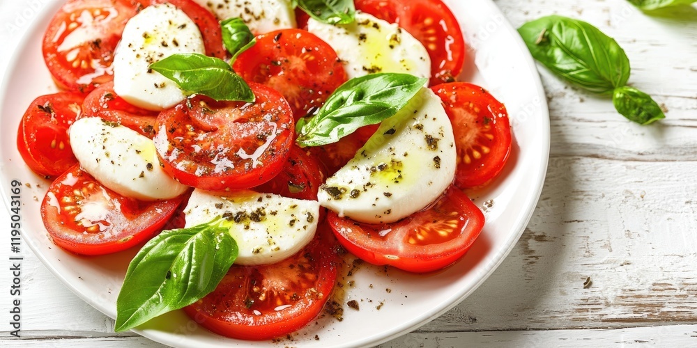 Fresh Caprese salad on a white plate featuring vibrant red tomatoes, creamy mozzarella, and green basil leaves arranged elegantly against a light background. Fresh Caprese salad on a white plate featuring vibrant red tomatoes, creamy mozzarella, and green basil leaves arranged elegantly against a light background.