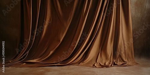 Luxurious brown silk backdrop with flowing drapery, set against a textured dark brown surface, creating a rich and elegant atmosphere.