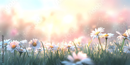 Fototapeta Naklejka Na Ścianę i Meble -  close up of daisies in grassy meadow with soft light and dreamy atmosphere, featuring glowing particles and warm, serene background