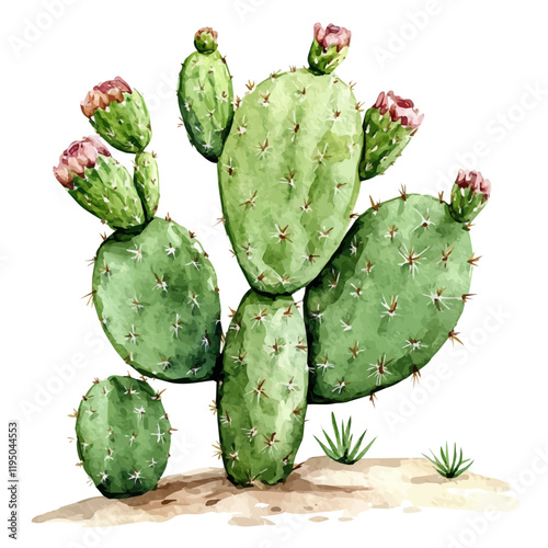 A watercolor of an Old Lady Cactus, isolated on a white background. Old Lady Cactus vector.
