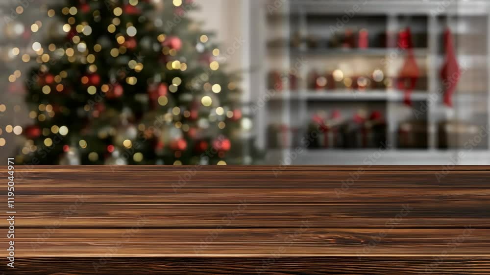 Festive wooden table with blurred Christmas tree and decorations in warm indoor setting during holiday season Festive wooden table with blurred Christmas tree and decorations in warm indoor setting during holiday season