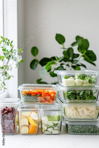 Fresh vegetables in clear containers arranged neatly by color an