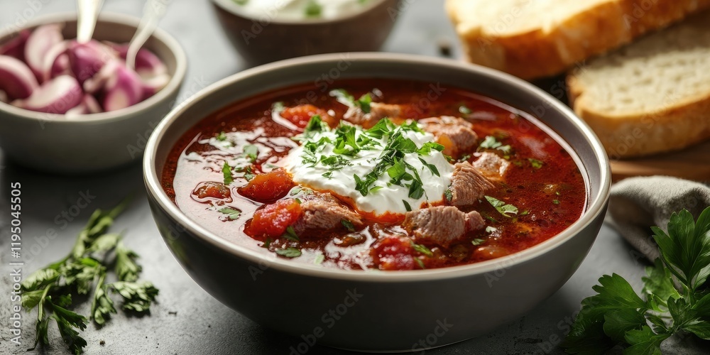 Borscht soup with sour cream and meat topped with herbs served in gray bowl on dark stone table with rye bread and red onions in background Borscht soup with sour cream and meat topped with herbs served in gray bowl on dark stone table with rye bread and red onions in background