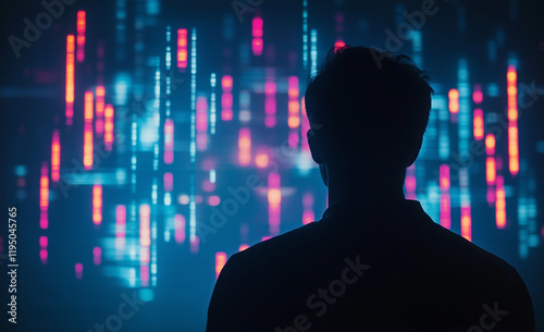 A man is looking at the stock market and trading, with a digital graph displayed