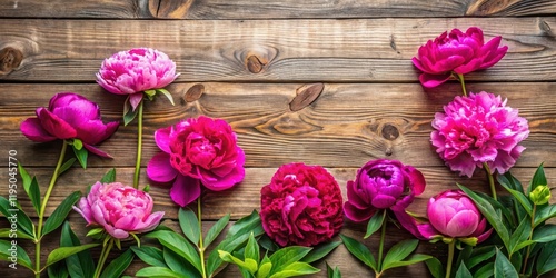 Fototapeta Naklejka Na Ścianę i Meble -  Vibrant peonies blooming among wooden planks, peony, floral arrangement, peony
