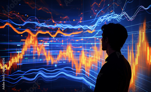 A man is looking at the stock market and trading, with a digital graph displayed