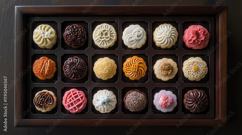 A tray of mooncakes with delicate patterns and rich fillings like lotus paste and salted egg yolk, ready to be shared during the Mid-Autumn Festival A tray of mooncakes with delicate patterns and rich fillings like lotus paste and salted egg yolk, ready to be shared during the Mid-Autumn Festival
