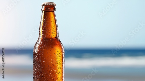 Cold beer bottle on beach, ocean background.