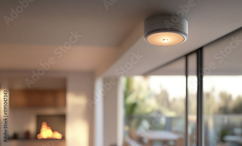 A smoke alarm mounted on the ceiling emits a soft beep in a modern home interior. The sleek, minimalist design complements the clean and safe living space. Smart home device.