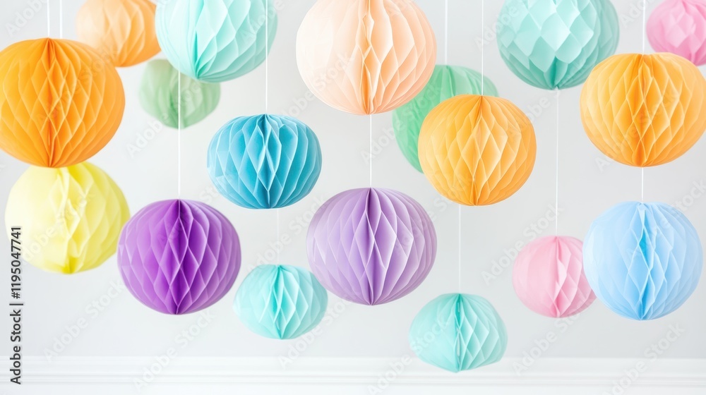 Pastel Honeycomb Balls: A delightful array of pastel-colored honeycomb balls hang from the ceiling, creating a festive and whimsical atmosphere, perfect for birthdays, weddings. Pastel Honeycomb Balls: A delightful array of pastel-colored honeycomb balls hang from the ceiling, creating a festive and whimsical atmosphere, perfect for birthdays, weddings.
