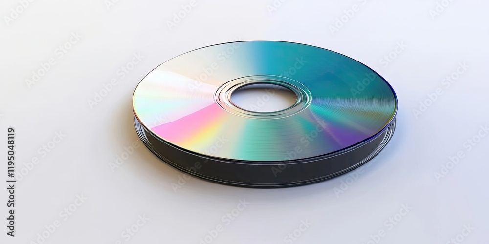 Closed CD case with a glossy reflective surface placed centrally on a plain white background showcasing vibrant iridescent colors on top. Closed CD case with a glossy reflective surface placed centrally on a plain white background showcasing vibrant iridescent colors on top.