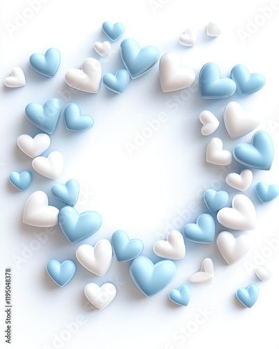 Confetti texture concept with soft shadows for Valentine's Day. Blue and white hearts arranged in a circular pattern on a light background