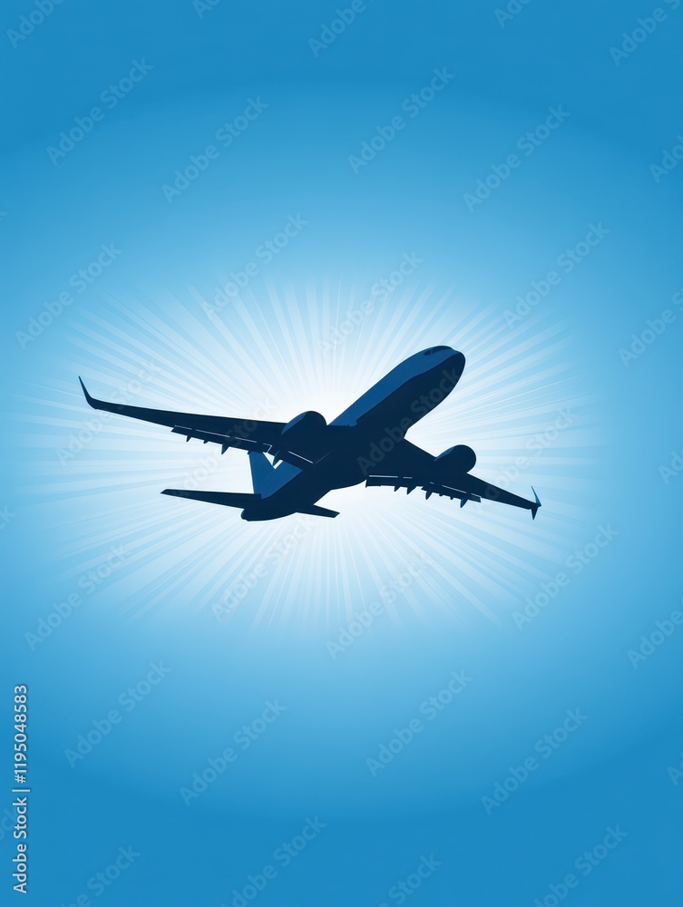 Obraz premium A stunning silhouette of an airplane gracefully gliding through the vibrant blue sky at sunset, evoking a sense of tranquility and the thrill of adventure in travel and exploration
