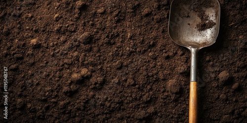 Brown soil texture background with dark rich earth scattered across, featuring a metal-edged shovel positioned diagonally in the bottom left corner. photo