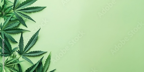 Green cannabis leaves arranged on a light green backdrop with ample negative space for cosmetic product design in a top view composition.