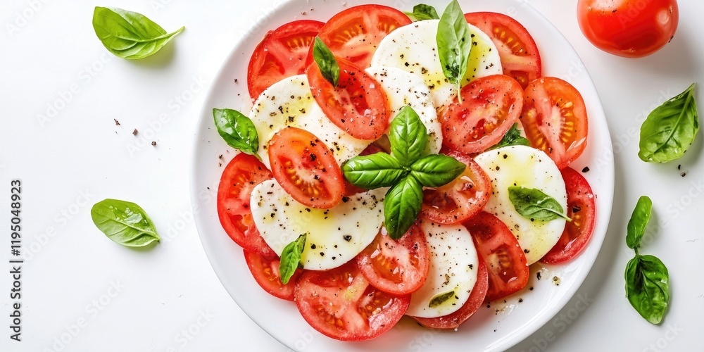 Fresh Caprese salad with sliced tomatoes and mozzarella arranged in a circular pattern with fresh basil leaves on a white plate. Fresh Caprese salad with sliced tomatoes and mozzarella arranged in a circular pattern with fresh basil leaves on a white plate.