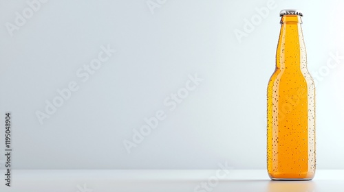 Cold amber beer bottle on white background.