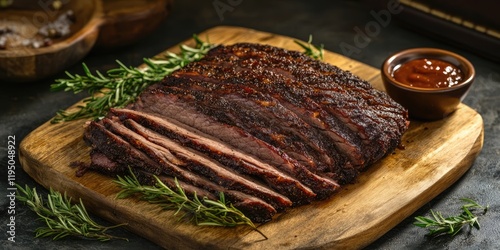 Savory sliced beef brisket on a wooden cutting board garnished with fresh herbs and served with barbecue sauce in a round bowl in a dark setting photo