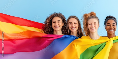 Rainbow of Unity:  Four diverse women, united by their smiles and a vibrant rainbow flag, stand together in a powerful symbol of inclusion, diversity, and LGBTQ+ pride. photo