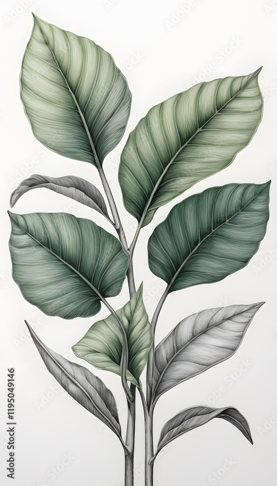 Serene Botanical Illustration: Elegant Green and Gray Leaves