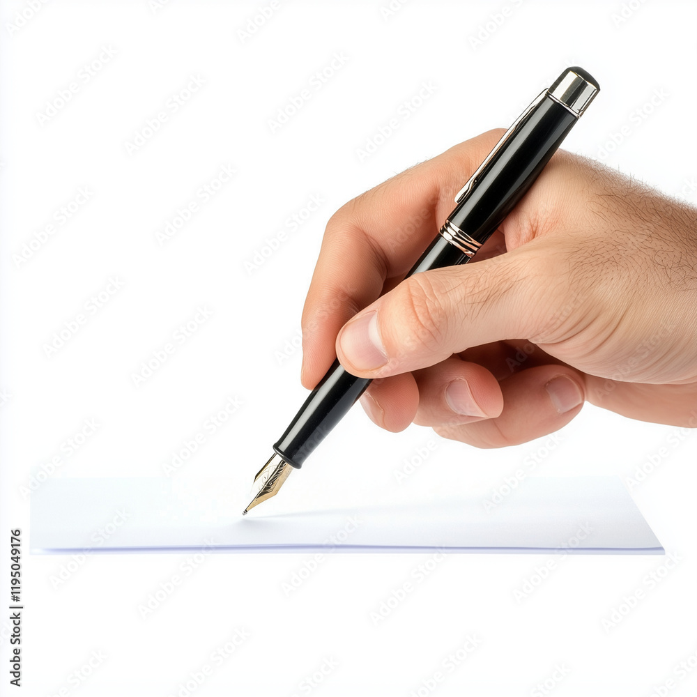 Hand holding a pen signing a document isolated on white Hand holding a pen signing a document isolated on white