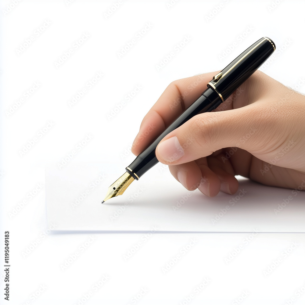 Hand holding a pen signing a document isolated on white Hand holding a pen signing a document isolated on white