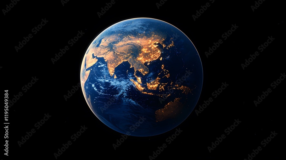 The image shows a nighttime view of Earth from space, centered on Asia. The glowing lights of cities and towns are visible against the dark oceans and landmasses. The image shows a nighttime view of Earth from space, centered on Asia. The glowing lights of cities and towns are visible against the dark oceans and landmasses.