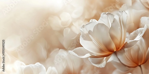 Soft beige and white floral background featuring delicate tulip petals on the left with ample copyspace for text creating a serene festive atmosphere.