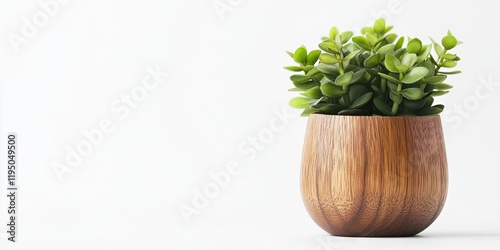 Vibrant wooden flower pot with lush green plant positioned on the right against a clean white background creating ample copy space for text photo