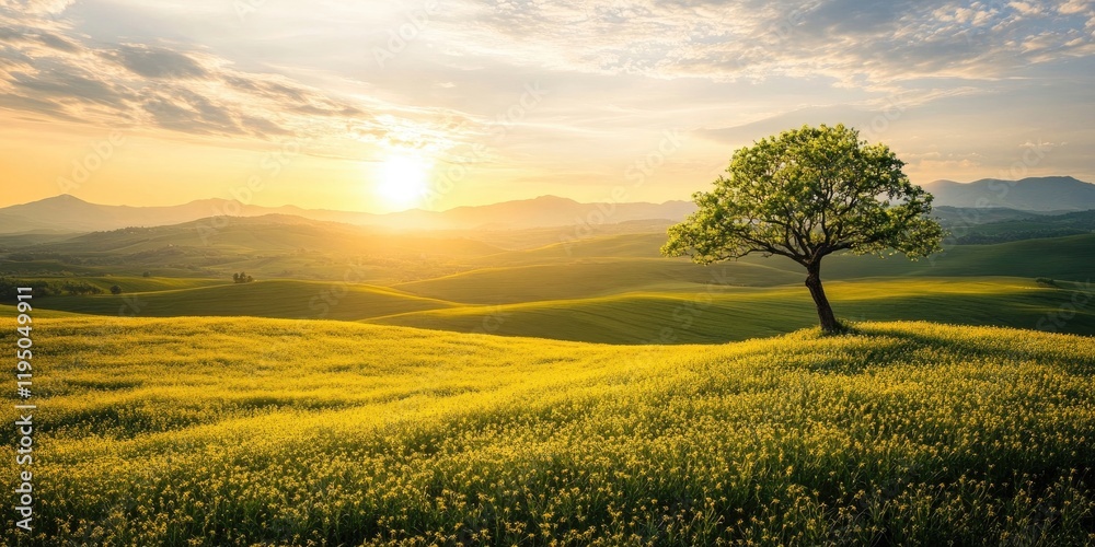 Obraz premium Vibrant farmland landscape showcasing a solitary tree on a rolling green hill under a warm golden sunset with a clear blue sky in the background.