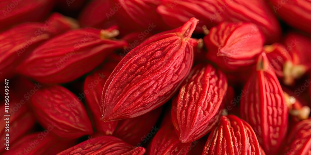 Fototapeta premium Vibrant red seeds of Momordica charantia arranged closely, showcasing intricate textures and patterns, set against a soft neutral background.
