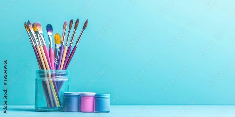 Obraz premium Vibrant paintbrushes in a glass jar next to pastel paint containers on a bright blue background, enhancing artistic inspiration and creativity.