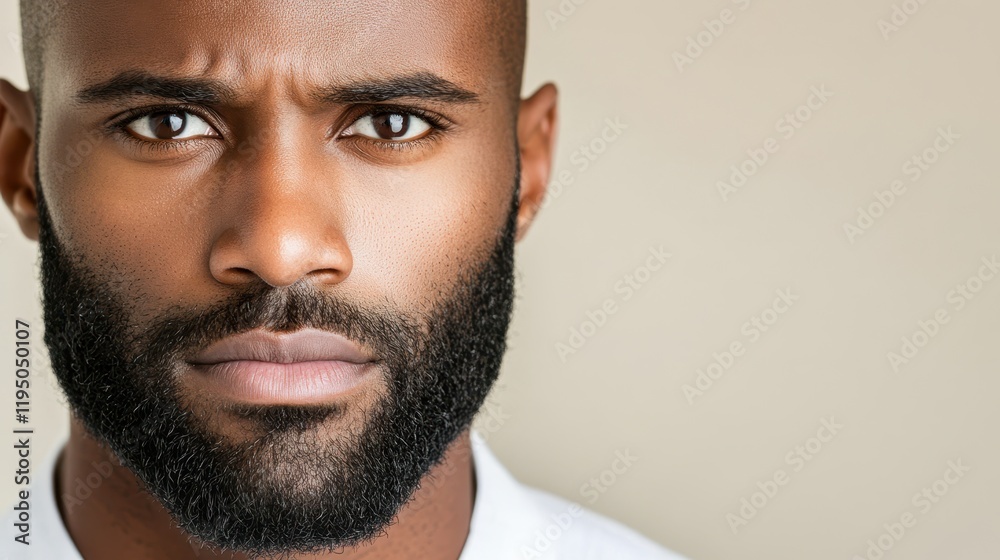 Obraz premium Intense Gaze: Close-up portrait of a serious man with a well-groomed beard, conveying intensity and contemplation. His dark eyes and furrowed brow speak volumes.