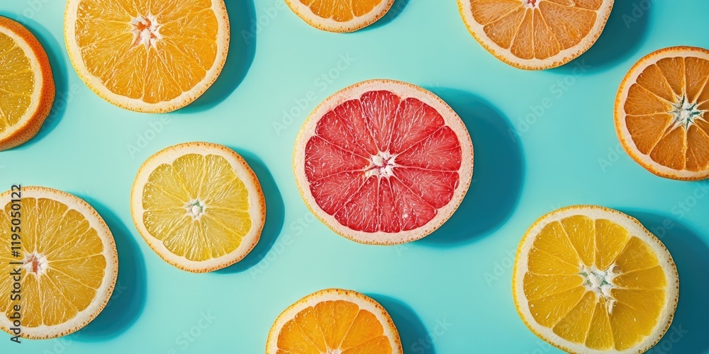 Obraz premium Bright colorful citrus fruit slices including grapefruit orange and lemon arranged on a pastel turquoise background with sunlight reflections
