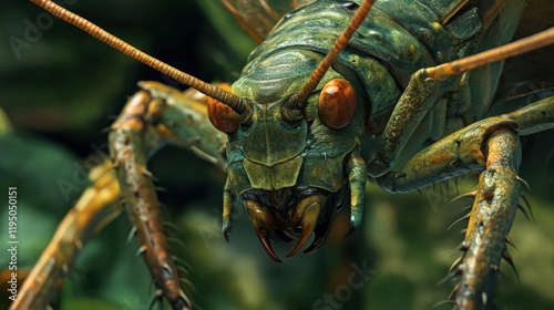 Detailed close-up of a green insect with orange eyes and spiky legs on a blurred background photo