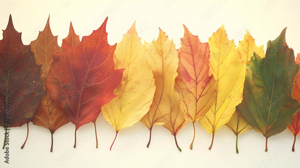 Fototapeta premium Vibrant autumn leaves arranged in a row, showcasing a spectrum of fall colors from deep red to golden yellow and green. Perfect for seasonal designs.