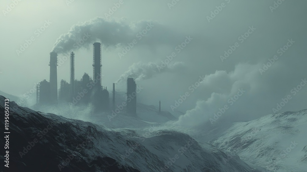 Fototapeta premium Industrial fumes rise into the atmosphere, contributing to the environmental pollution that accelerates global warming and climate change.