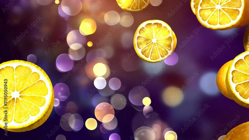 Bright yellow lemon slices floating amidst a colorful bokeh background in a vibrant and dynamic composition
