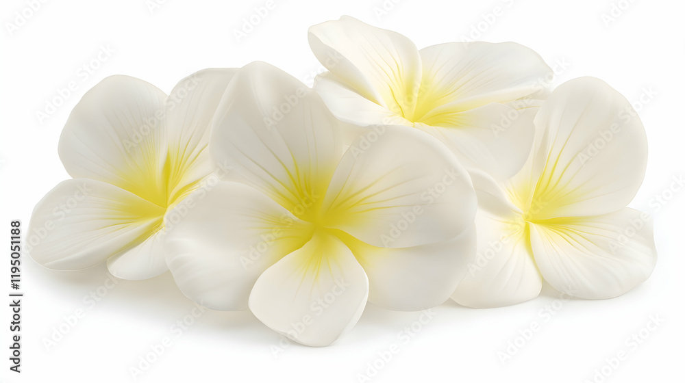 Naklejka premium Exquisite close-up of delicate white Plumeria flowers, showcasing their soft petals and vibrant yellow centers against a pure white background. Perfect for spa, beauty, or wellness themes.