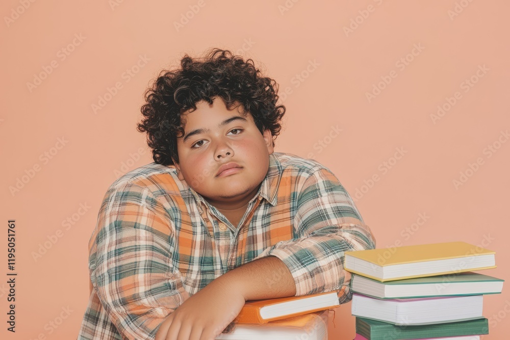 Thoughtful boy leaning on stacked books in orange setting Thoughtful boy leaning on stacked books in orange setting