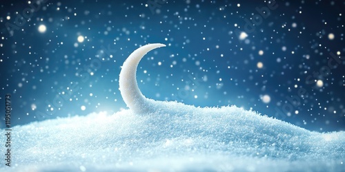 Serene winter scene with soft blue snow and a delicate crescent moon illuminated by falling snowflakes creating a tranquil festive atmosphere photo